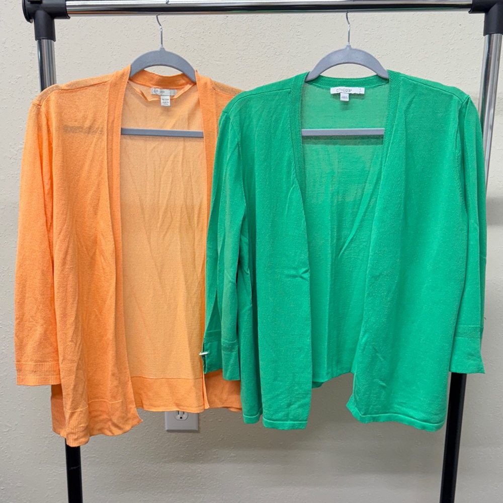Chico's green cardigan and Cato orange cadigan